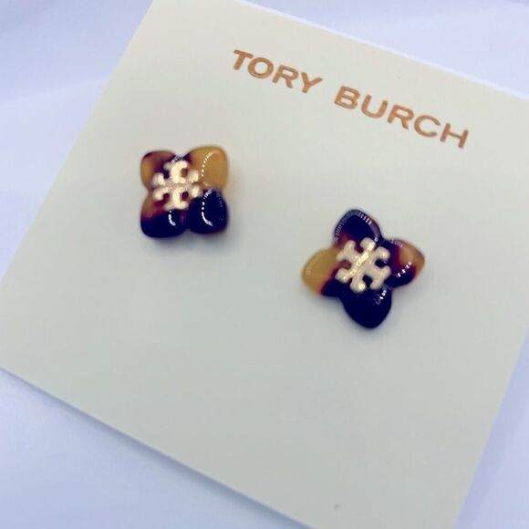New Tory Burch Tortoise Flower Gold Logo Stud Earrings - Picture 4 of 10